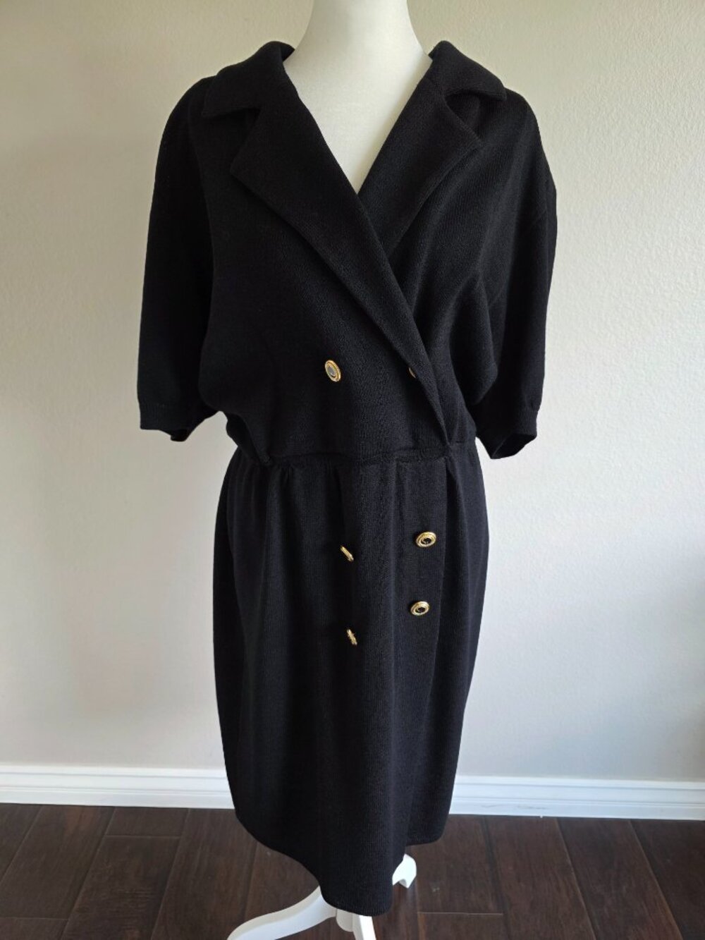 St John by Marie Gray Knit Dress Black Double Breasted Short Puff Sleeve Size 14